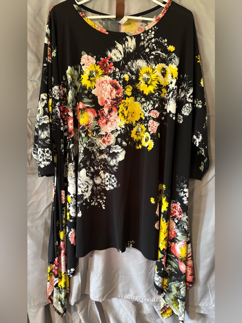 Long handkerchief style tunic - Print Black Tunic Top Yellow & Pink Accents